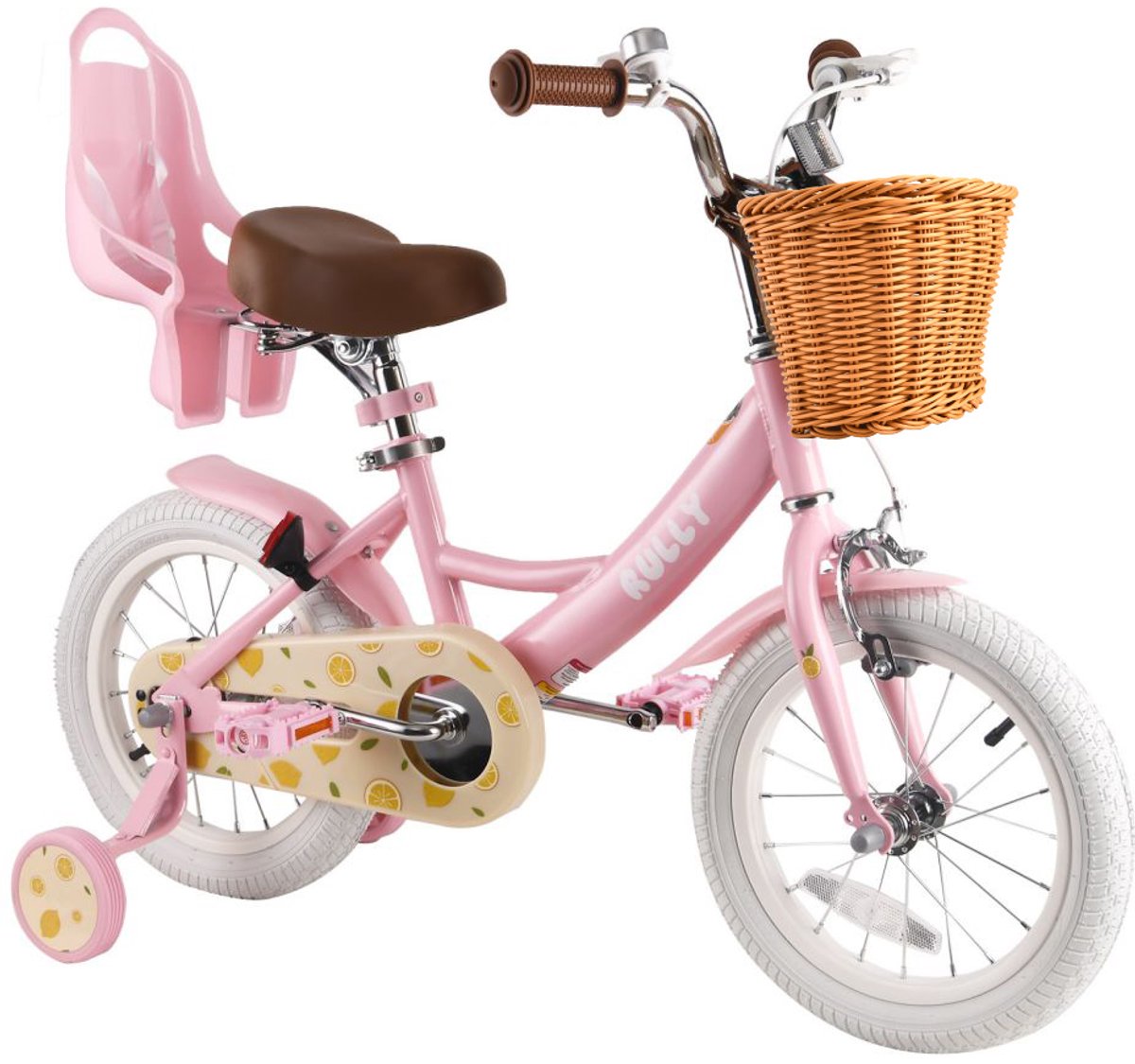 Rully Meisjesfiets - 12/14/16 inch - Fruitendesign - Met Zijwieltjes, Bruine Rieten Mand en Poppenzitje -Roze