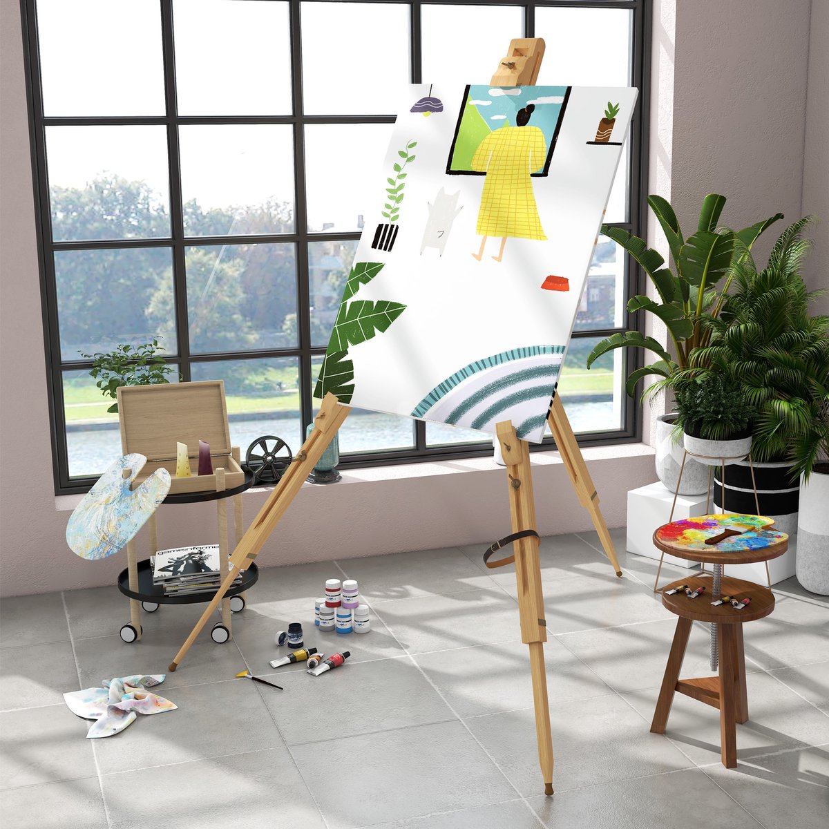 COVREO Schildersezel 93 x 84 x 183 cm naturel hout, klapbaar en verstelbaar