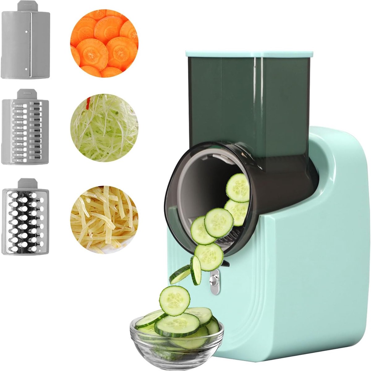 Bobypet - Elektrische Groentesnijder met 3 Messen - Groenterasp & Kaasrasp met XL Vulopening - Multifunctionele Keukensnijder voor Aardappel, Wortel en Groente - Groen