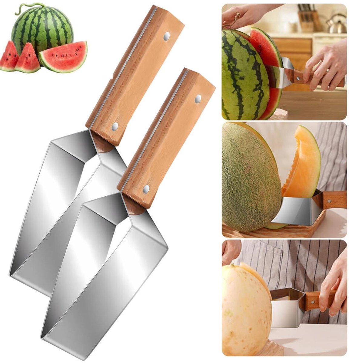 Watermeloen Snijder - 2 stuks - Meloensnijder - Fruitsnijder - Driehoekige Watermeloensnijder - RVS - houten handvat - Vruchtverdeler - Watermeloen Graver - voor Watermeloen, Cantaloupe, Ananas & Meloen