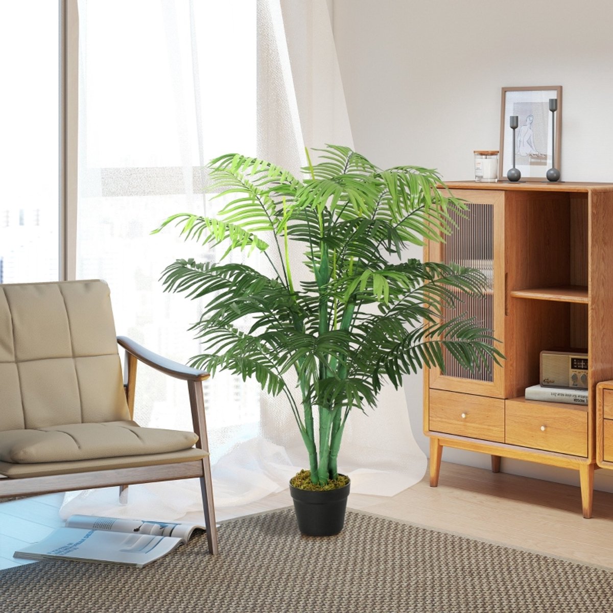 MIVRAY Kunstplant – 125 cm Met 18 Palmbladeren – Ø16 cm Pot – Kunststof – Groen – In Zwarte Pot Voor Woonkamer En Balkon