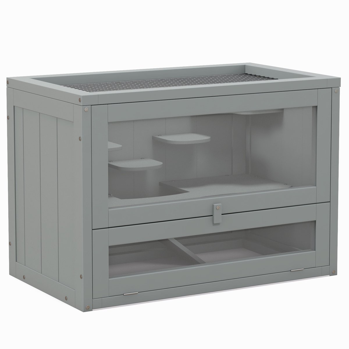 Kooien voor hamsters, muizen en kleine knaagdieren – multifunctioneel ontwerp – met helling – platform – open bovenkant – traliewerk – deurtje – 60 x 35 x 42 cm – grijs