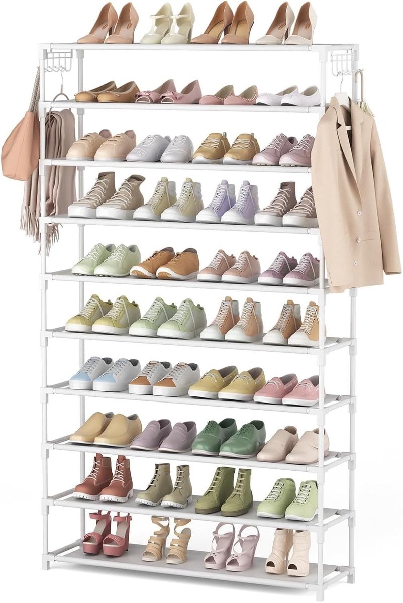 Schoenenrek - Wit - 86 x 25 x 155 cm - Metalen Schoenenorganizer met 10 Niveaus - Voor Hal en Woonkamer
