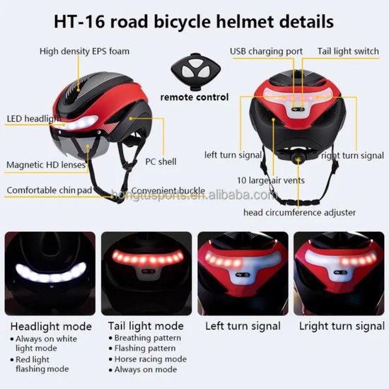 Fietshelm met verlichting, knipperlicht en richtingaanwijzer, USB oplaadbaar en met afstandsbediening. Lichtgewicht fietshelm voor volwassenen met vizier, ideaal voor dames en heren en geschikt als fietsaccessoire voor brede banden. — afbeelding 3