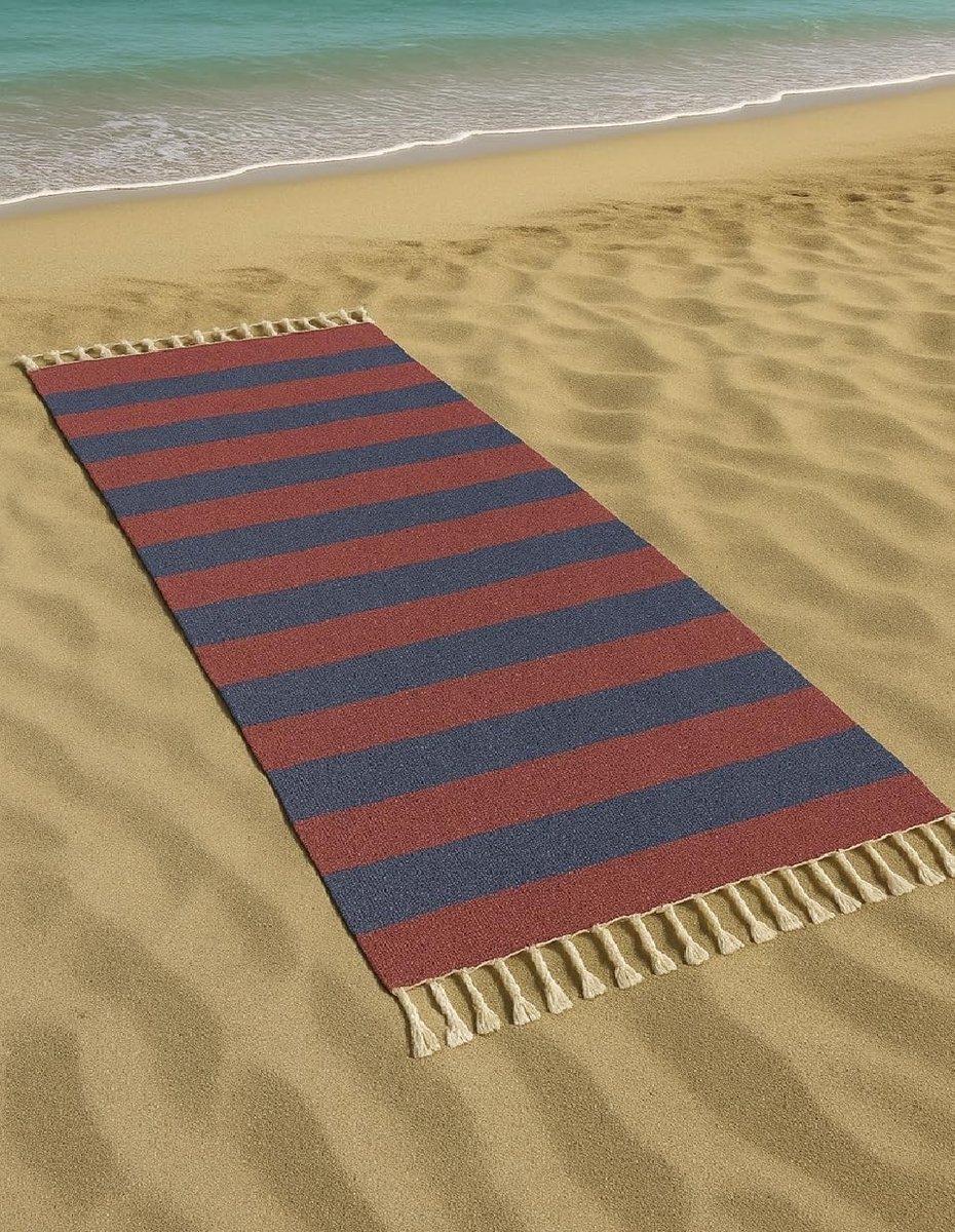 Strandhanddoek - Blauw en Rood - 90 x 200 cm - Katoenen Handdoek met Strepenmotief - Voor Strand en Zwembad