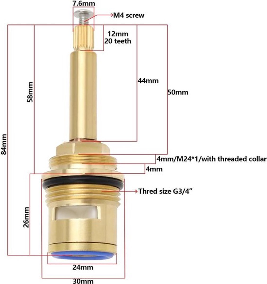 Blauwe Messing Douche Badkraan Ventiel cartridge - Kwartslag - 20 tanden Keramische Kraan cartridge - Keukens Badkamers Wasruimtes - BSP 3/4" - Open met de klok mee.