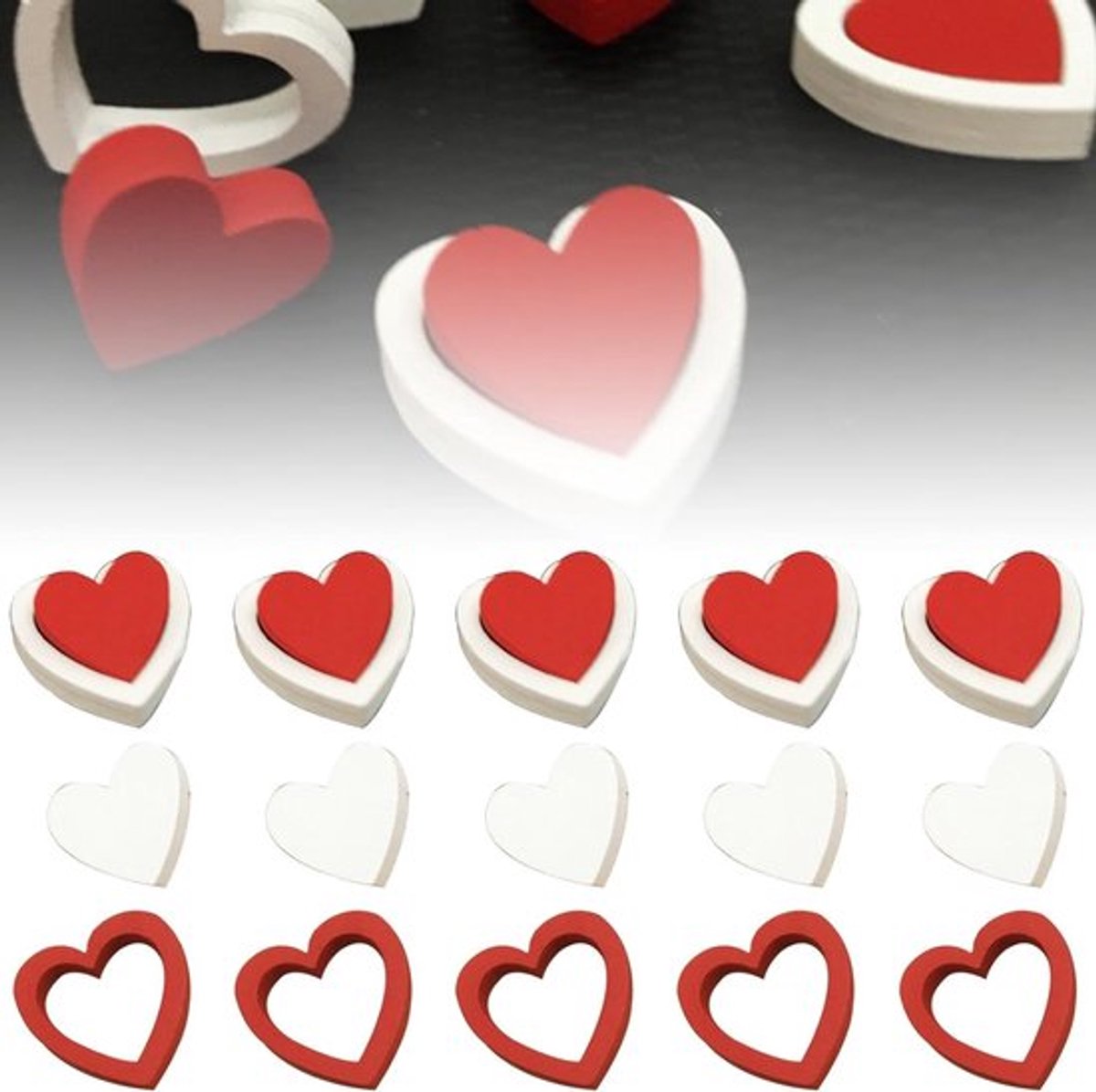 Houten hartjes decoratie set, 72 stuks, Valentijnsdag tafeldecoratie, 1,5 x 1,5 cm en 2,1 x .