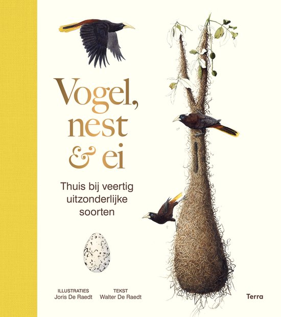 Boek "Vogel, nest & ei" met illustraties van vogels, hun nesten en eieren.