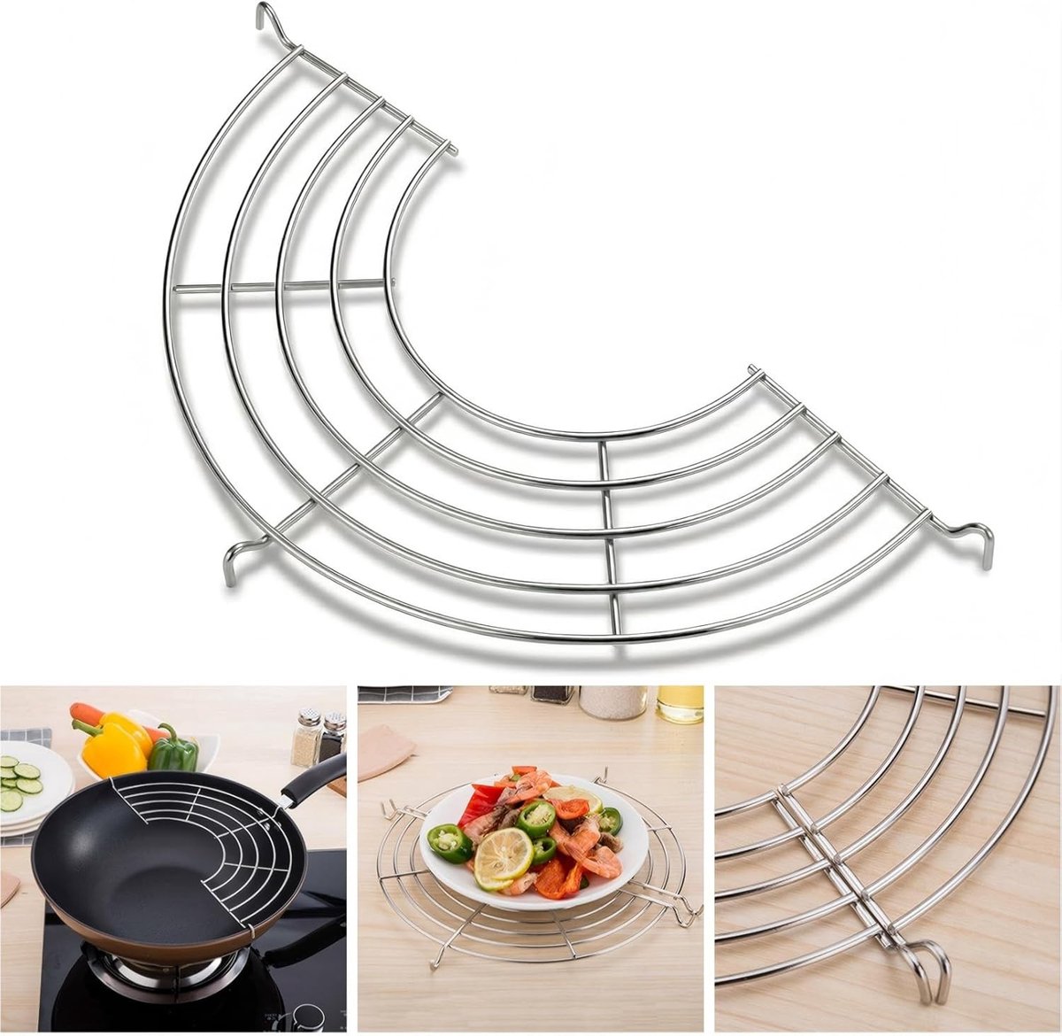 Afdruiprek voor frituren, wokpan, planken voor oliefilter, wok met filter, halfronde wok van roestvrij staal voor wokpannen (Large)