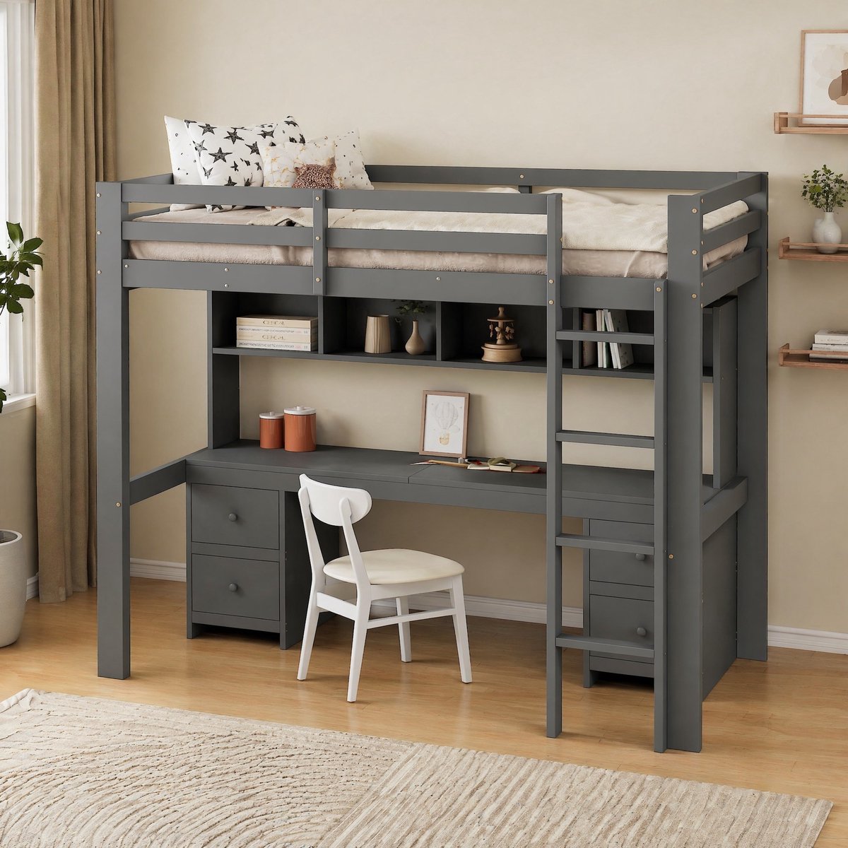 COVREO Hoogslaper met bureau en 4 lades – 90x200 cm – Kinderbed van grenenhout en MDF – met 4 opbergvakken – Grijs - zonder matras