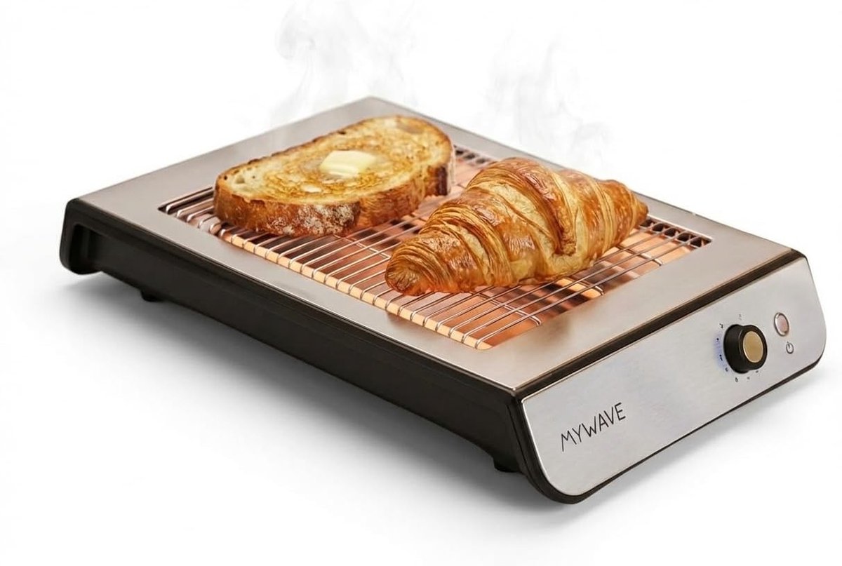 Platte Broodrooster - Grijs - 20,5 x 25 cm - Roestvrij Staal met 6 Temperatuurstanden - Voor Brood en Gebak