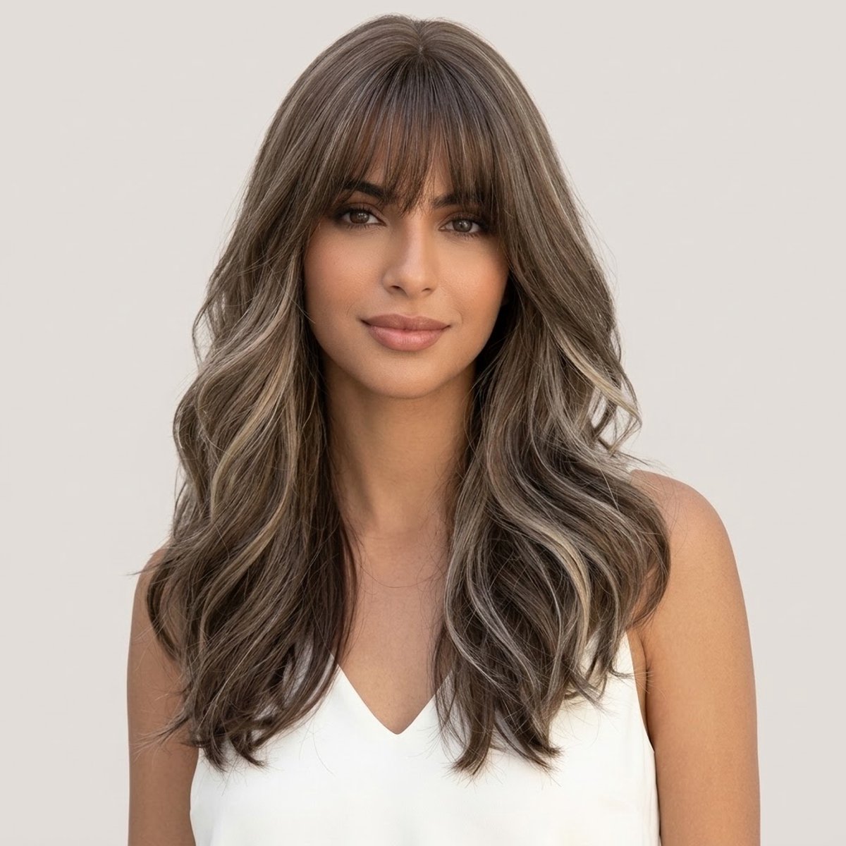 nifkos Luxe Asbruine Pruik met Pony & Blonde Highlights – Balayage Look – Halflang / Lang Golvend Haar – Ademend & Verstelbaar – Wig met Föhn-effect