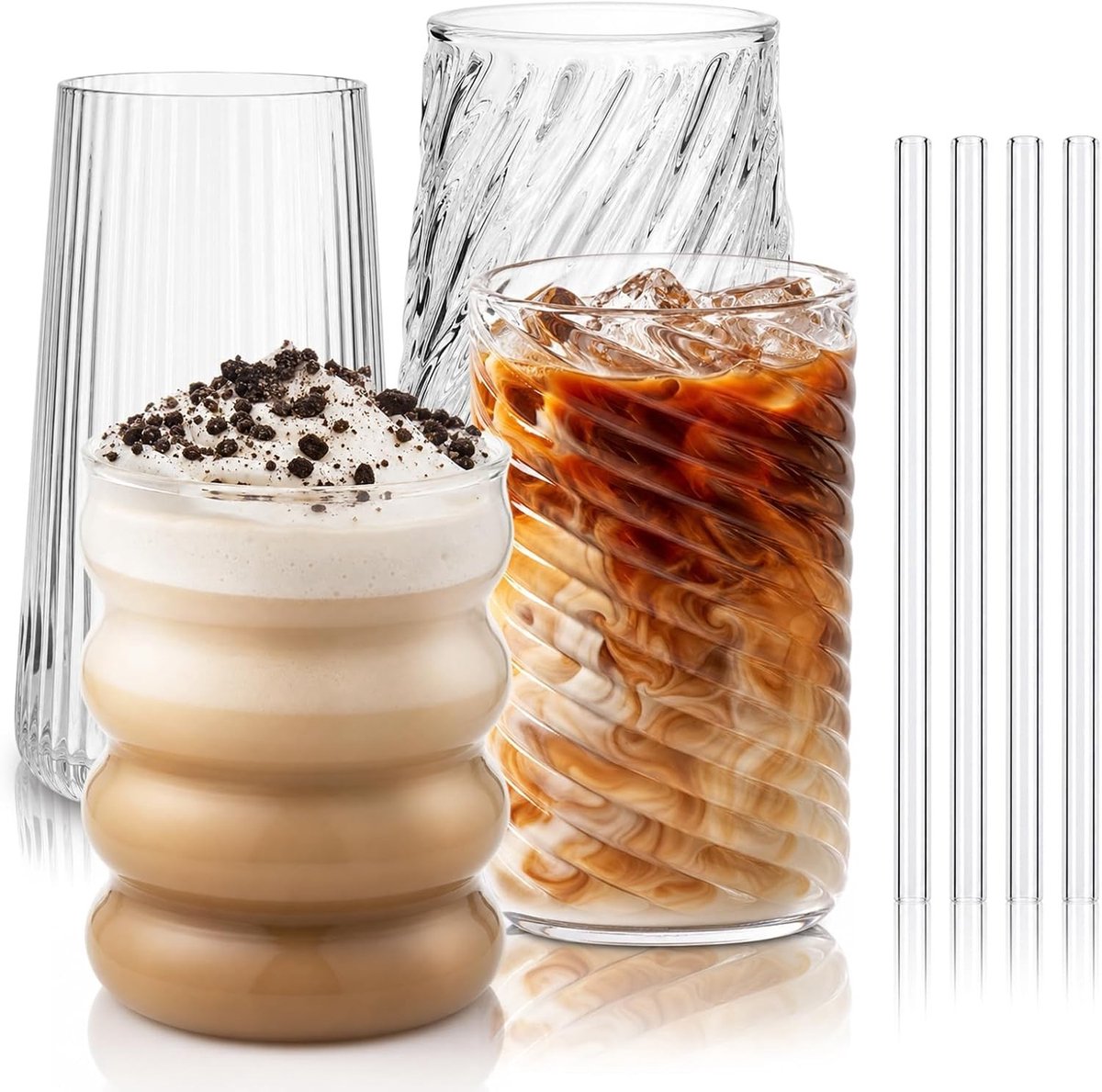 Ijskoffie glazen - Transparant - 550 ml - Geribbelde Hoogwaardig Glas - Voor Koude en Warme Dranken