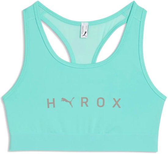 Turquoise sportbeha met PUMA X HYROX logo op de voorkant.