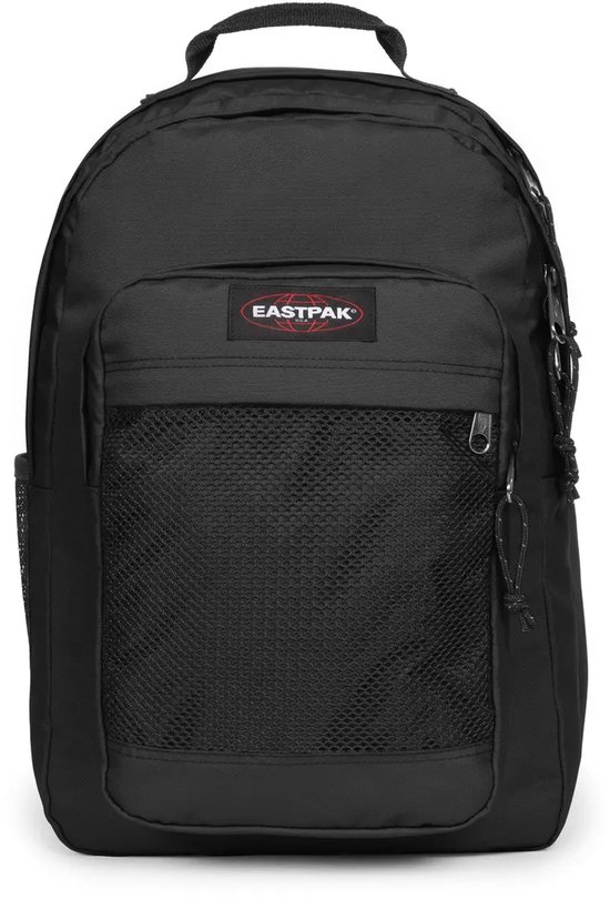 Zwarte Eastpak rugzak met mesh vak aan de voorkant en Eastpak logo.