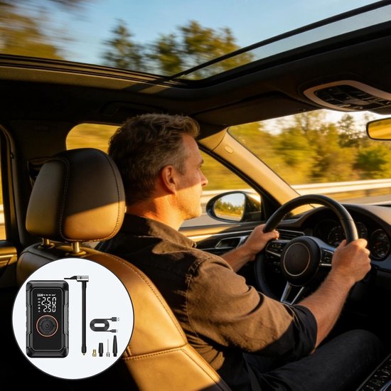 Draagbare Bandenpomp - Fietspomp Auto - Banden Oppompen - Automatische Uitschakeling - 3000 mAh - Zwart — afbeelding 4