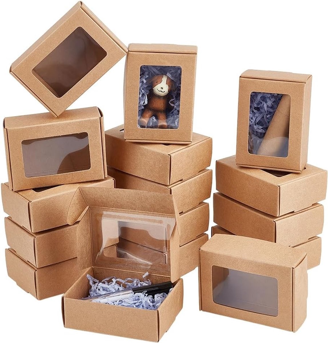Cocoplus - Kraftpapieren geschenkdozen - Feestartikelen Gebak Sieraden - Doorzichtig venster - 30 stuks - 8,5 x 6 x 3 cm - Bruin - Voor Verjaardagen en Bruiloften