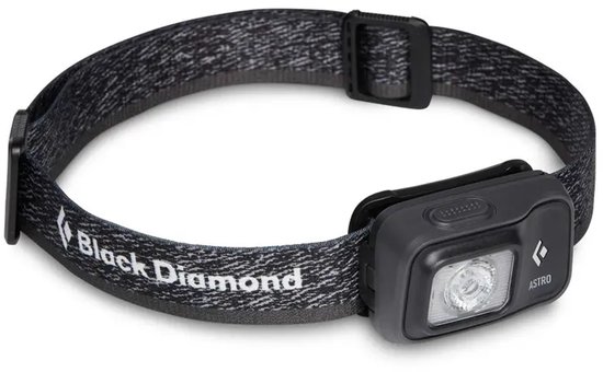Zwarte Black Diamond Astro hoofdlamp met een gedetailleerde band.