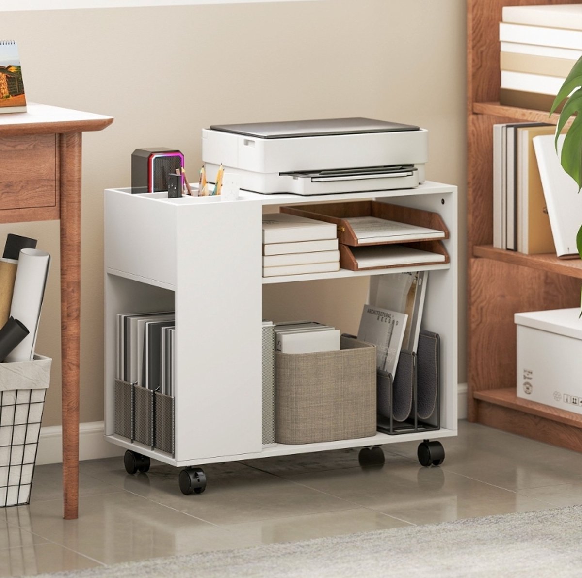 MIVRAY Printerkast – 70 x 34 x 60 cm – Met Wielen en Uitneembaar Opbergvak – Spaanplaat met Melamine – Wit – Voor Kantoor en Studiehoek