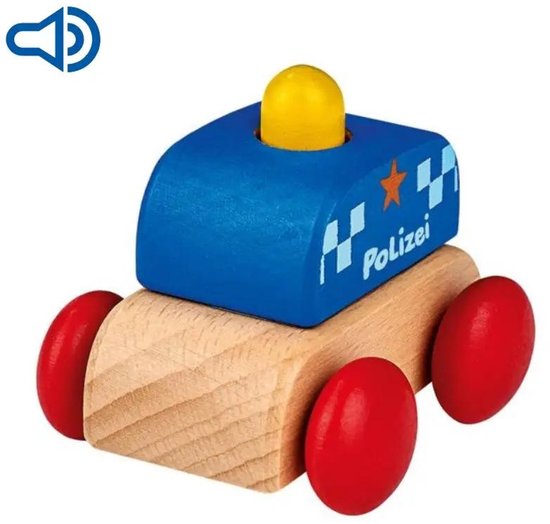 Houten politieauto met blauwe zwaailamp, ster en 'Polizei' opdruk. Rode wielen.