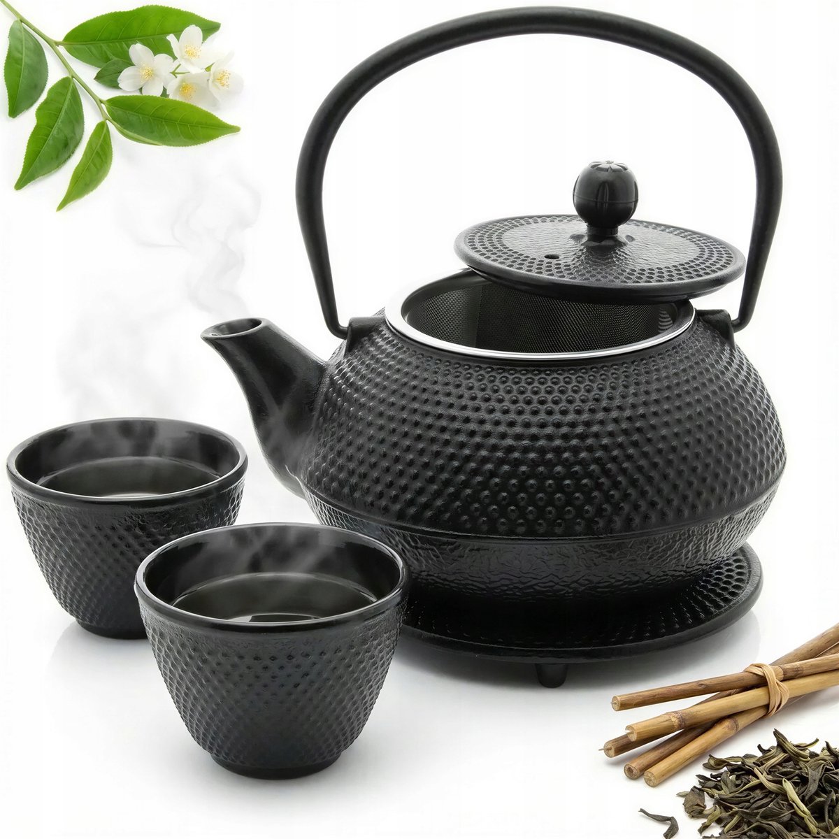 Gietijzeren theepot 0.8L met 2 kopjes en onderzetter - Zwart