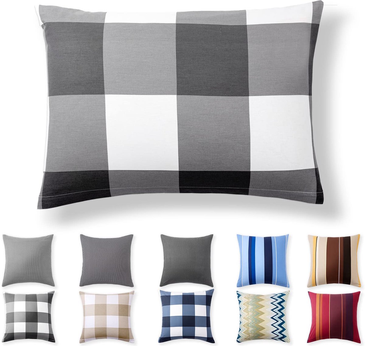 Kussenbezug 50 x 75 cm - 100% Katoen met Versteekte Rits, Antraciet Geruit