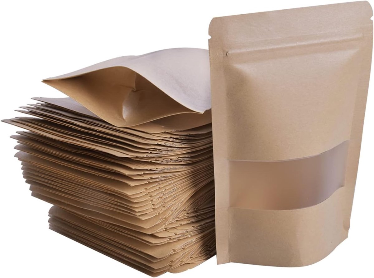 100 Stuks Kraft Stand Up Pouches met Venster, 10x15cm Herbruikbare Papieren Zakken voor Voedselopslag, Ideaal voor Thuis of Bedrijf