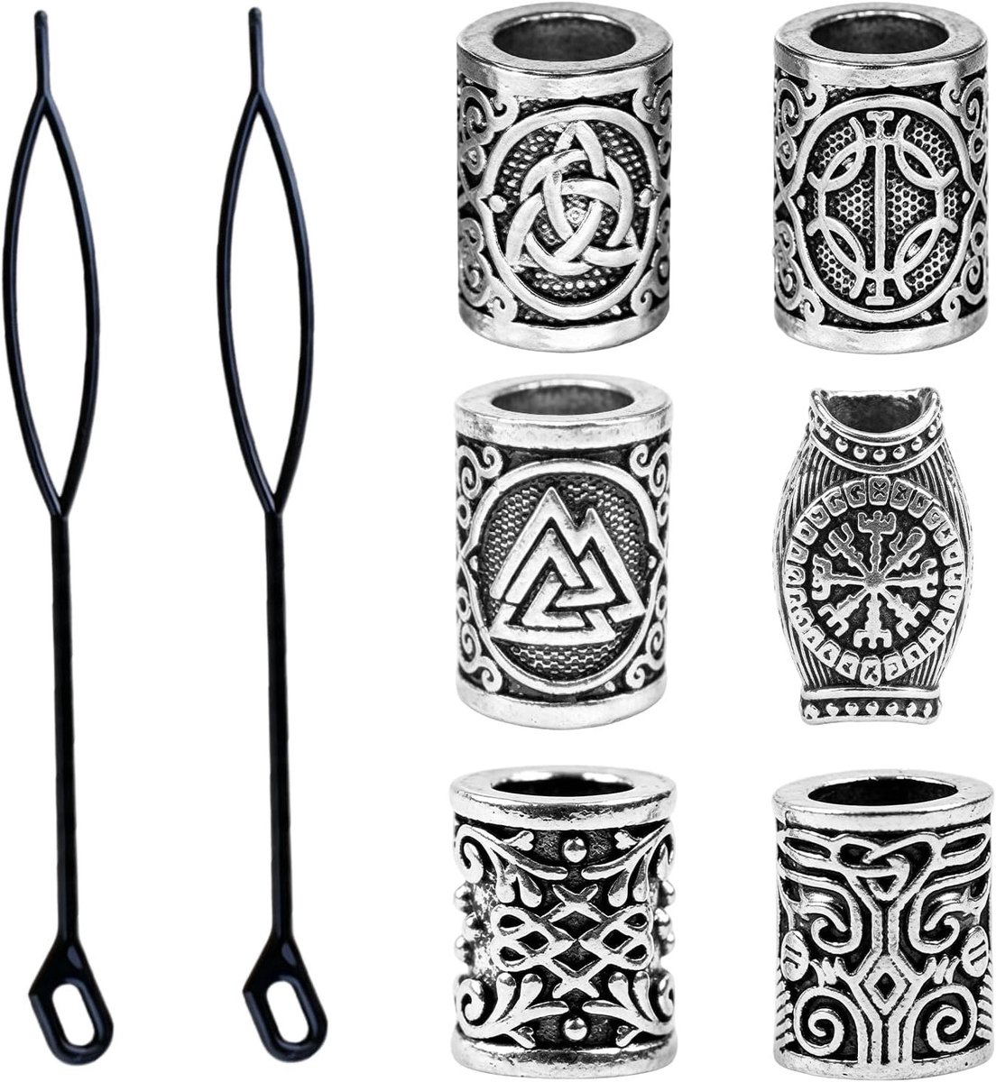 6 Stuks Baardsieraden voor Mannen - Antiek Zilveren Baardkralen met Haarinrijger, Viking-look, Vlechtkapselaccessoires en Inrijghulpmiddelen