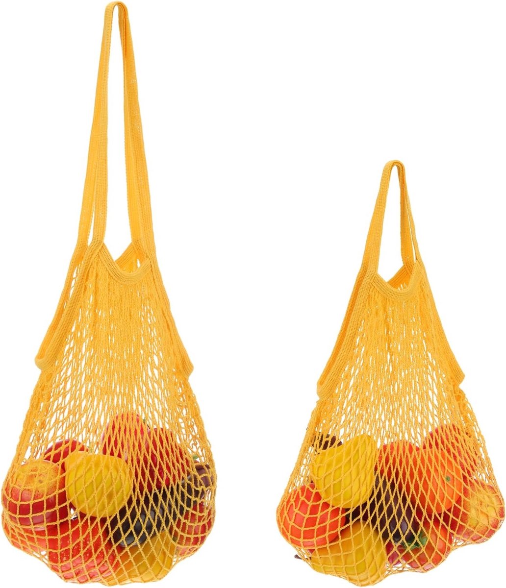 Herbruikbare opbergzakken van net voor wasbare producten - Draagbare fruit- en groentetassen met katoenen koord en handgrepen voor boodschappen en opslag, 2 stuks