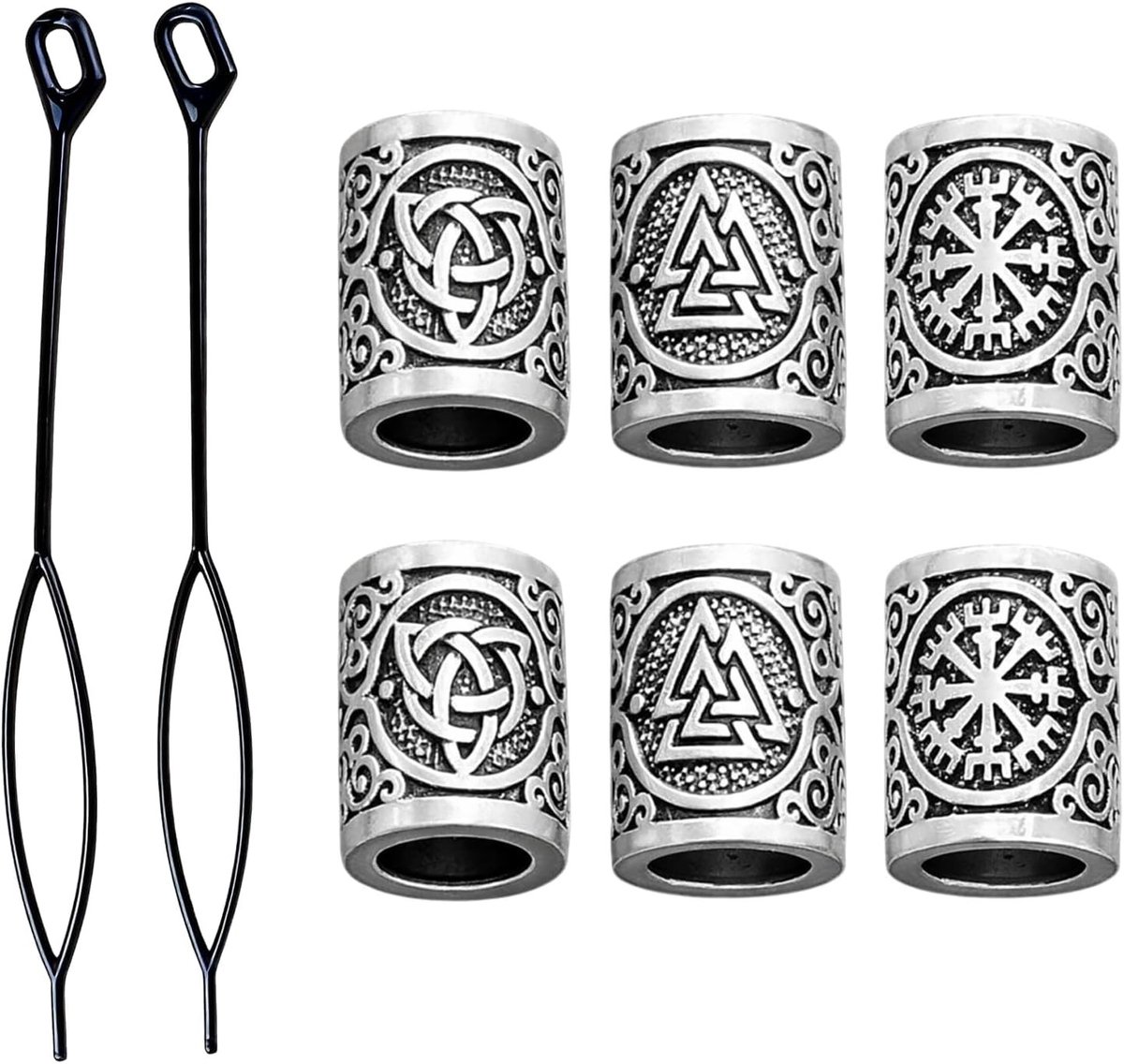 Set van 6 Decoratieve Haar- en Baardbedels van Zinklegering met 2 Draadgereedschappen voor Dreadlocks en Baardstyling, 3 Unieke Ontwerpen
