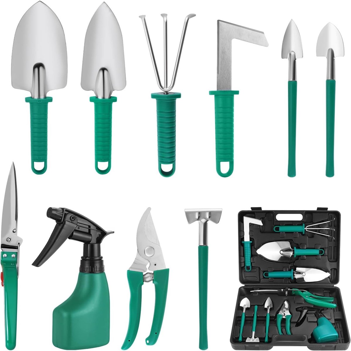 Thijox - 10-delige tuingereedschapsset met troffel, verplantmachine, hark, tuinschaar, schoppen en waterspuitfles - Perfect voor tuinieren, graven, wi