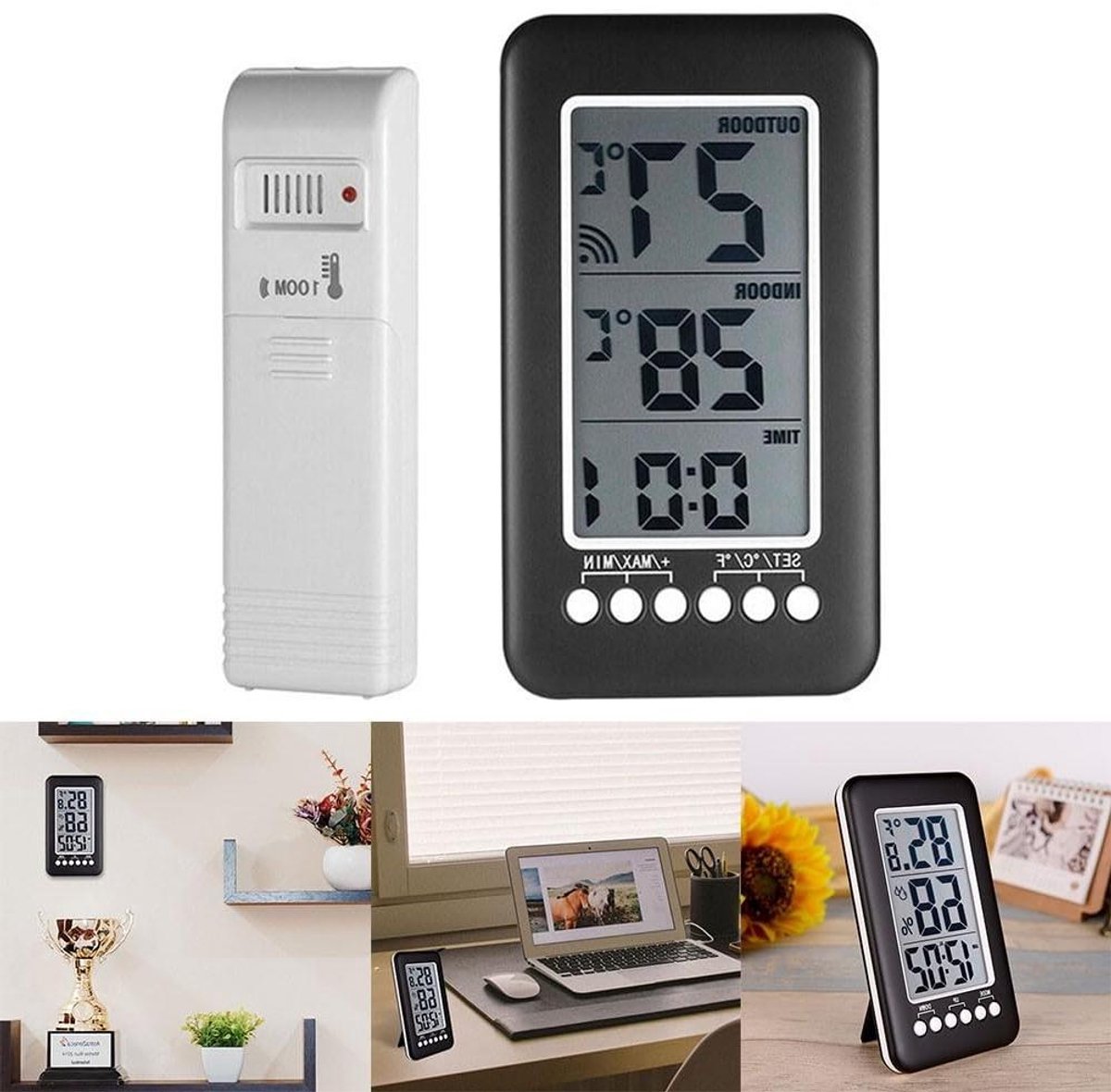 Binnen Buiten Thermometer - Weerstation Klok - Temperatuur Monitoren - 100M Draadloos Bereik - 16 x 14 x 3 cm