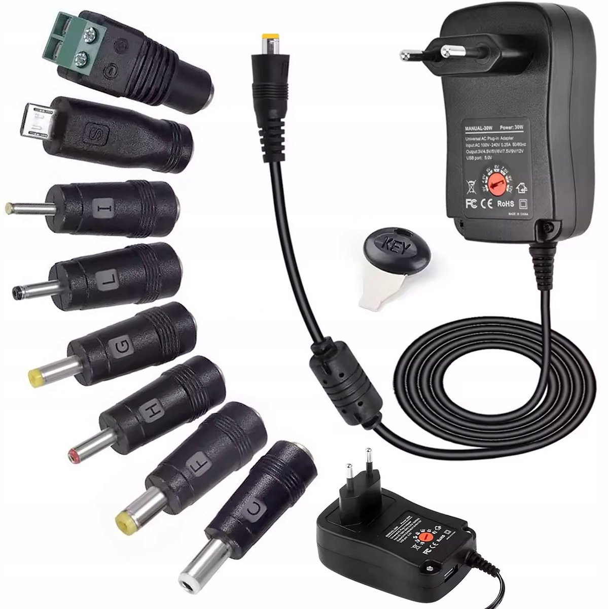 Rosfix Voeding Universele Adapter - Regelbaar 3–12V 30W - 1,2A, USB 5V, 8 Aansluitingen
