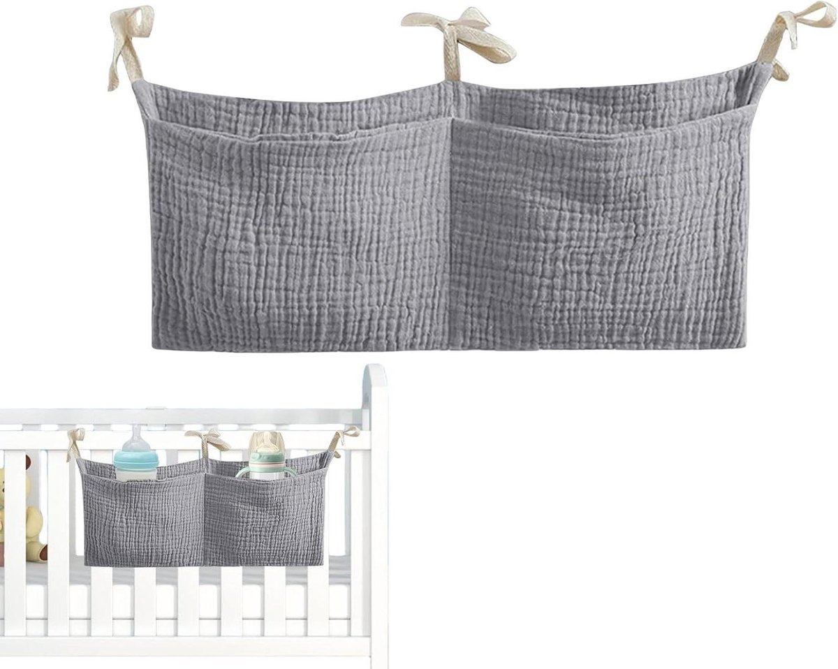 Opbergtas babybed - Bedtas luierorganizer - Babykamer organiseren - Dubbel vak ontwerp - 38 x 18 cm - Grijs