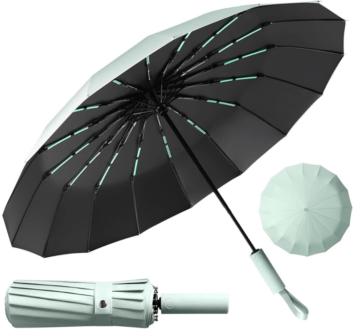 Strandparasol UV werend - Aqua - Compact Opvouwbaar - Stormvaste Paraplu met 16 Ribben - Voor Bescherming tegen Wind en Regen