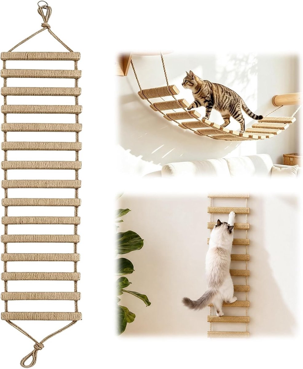 Kattenladder - Natuurlijk Hout - 180 cm - Massief Hout en Sisal Touw - Voor Katten