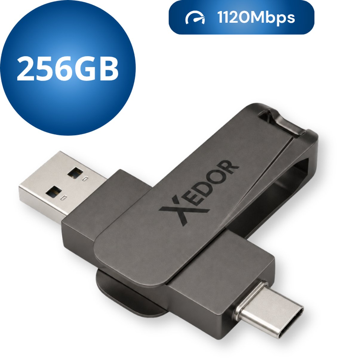 Xedor® Base - USB Stick - 256 GB - 1120Mbps - USB C en A - iPhone en Android - Donkergrijs