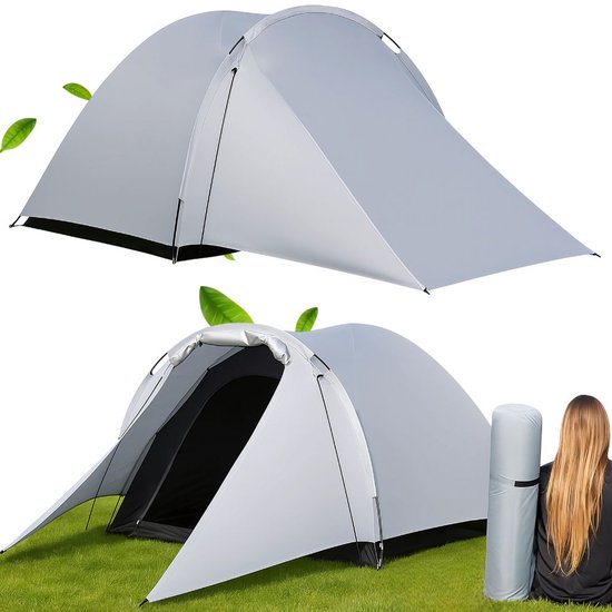 Collage: bovenste helft toont een lichtgrijze tent, onderste helft toont dezelfde tent met een vrouw ernaast, met opgerolde slaapzak.