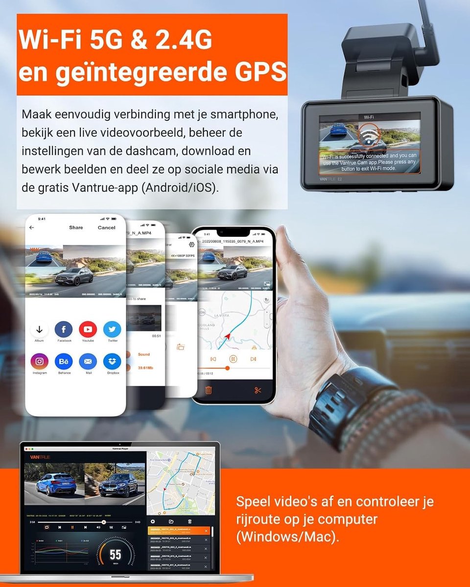 Dashcam voor auto - Zwart - 2,45 inch - Dubbele 1944P Camera met WiFi, GPS en Nachtzicht - Voor Personenauto