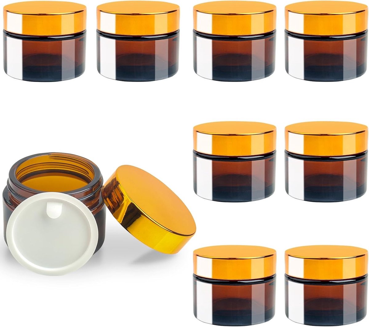 Set van 8 amberkleurige glazen potjes van 50ml, lege cosmetische containers met zwarte deksels voor lotions, crèmes en zalfjes, ideaal voor reizen en DIY-projecten