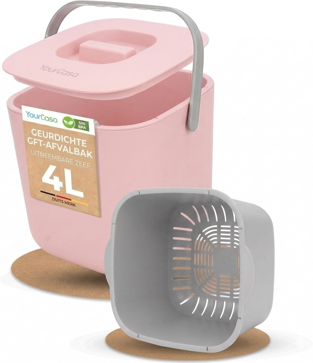 Compostemmer 5 liter - Roze - 4 Liter - Biologische Afvalemmer met Uitneembare Zeef en Geurdichte Deksel - Voor Keuken