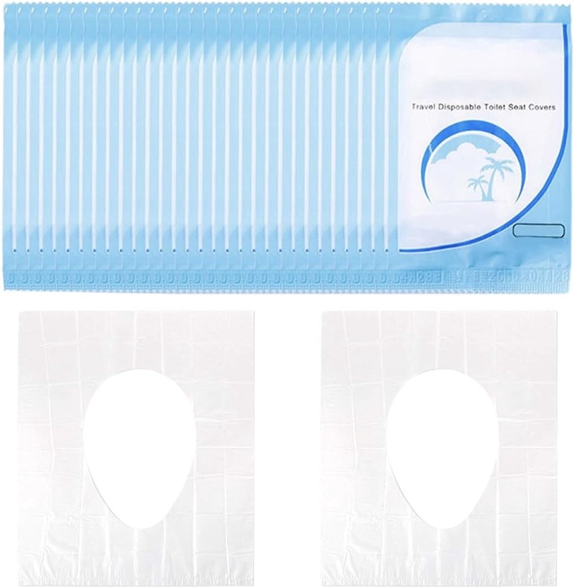 Draagbare wegwerp toiletbrilhoezen, 30 stuks, ideaal voor reizen, hygiënisch en compact verpakt.