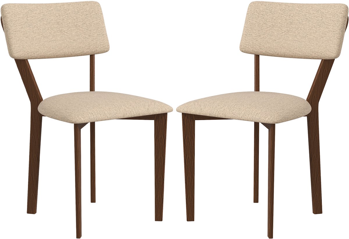 Twee keukenstoelen met rugleuning, houten poten, stof met linnenlook, eikenhouten frame, zonder armleuningen, ergonomische zitting, onderhoudsvriendelijk, geschikt voor de keuken en de eetkamer