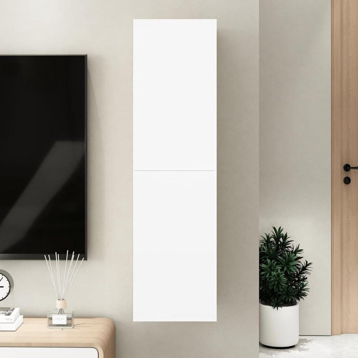 Tv-kast met opbergruimte - Tv-meubel lage kast - Woonkamer organiseren - Hangend design - 110 cm breed - Wit