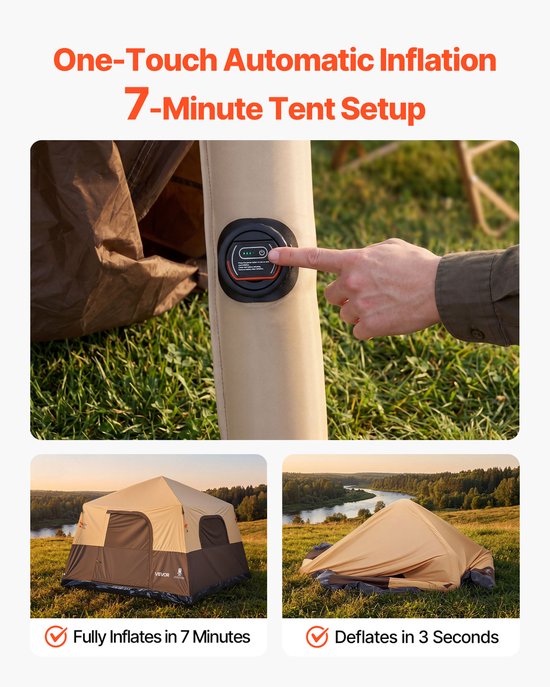 VEVOR Campingtent voor 6 Personen, Opblaasbare Familietent met Oplaadbare Pomp, Tpu-Luchtslang en 4 Gaasramen, Cabinetent met Draagtas voor Gezinskamperen en Wandelen, Beige van Vevor — afbeelding 5