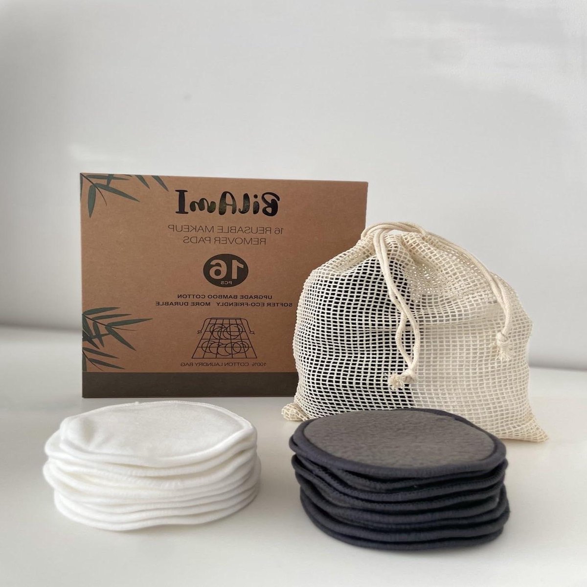 Make-up Remover Wattenschijfjes - Herbruikbare Pads - Gezichtsreiniging - Wasbaar Bamboevezel - 16 stuks - Grijs en Wit