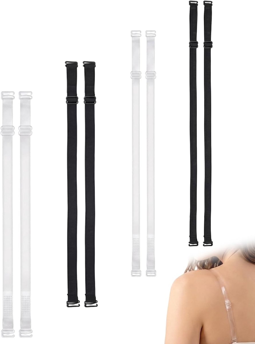 Verstelbare beha-bandjes voor dames - 4 paar in zwart en transparant, elastisch en geschikt voor jurken en bikini's