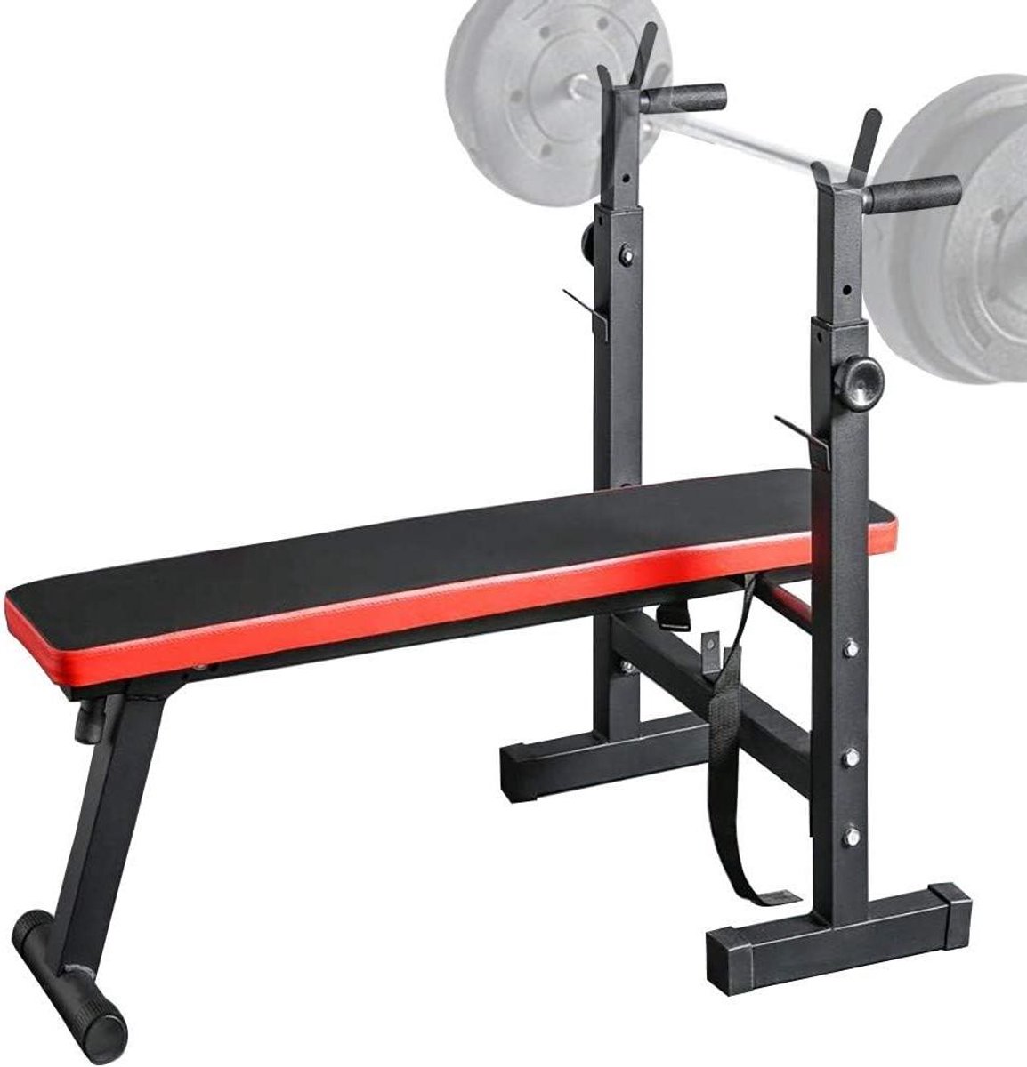 Halterbank met rek - Trainingsbank Squatrek - Krachtraining thuis - Opvouwbaar en multifunctioneel - 200 kg capaciteit - Zwart