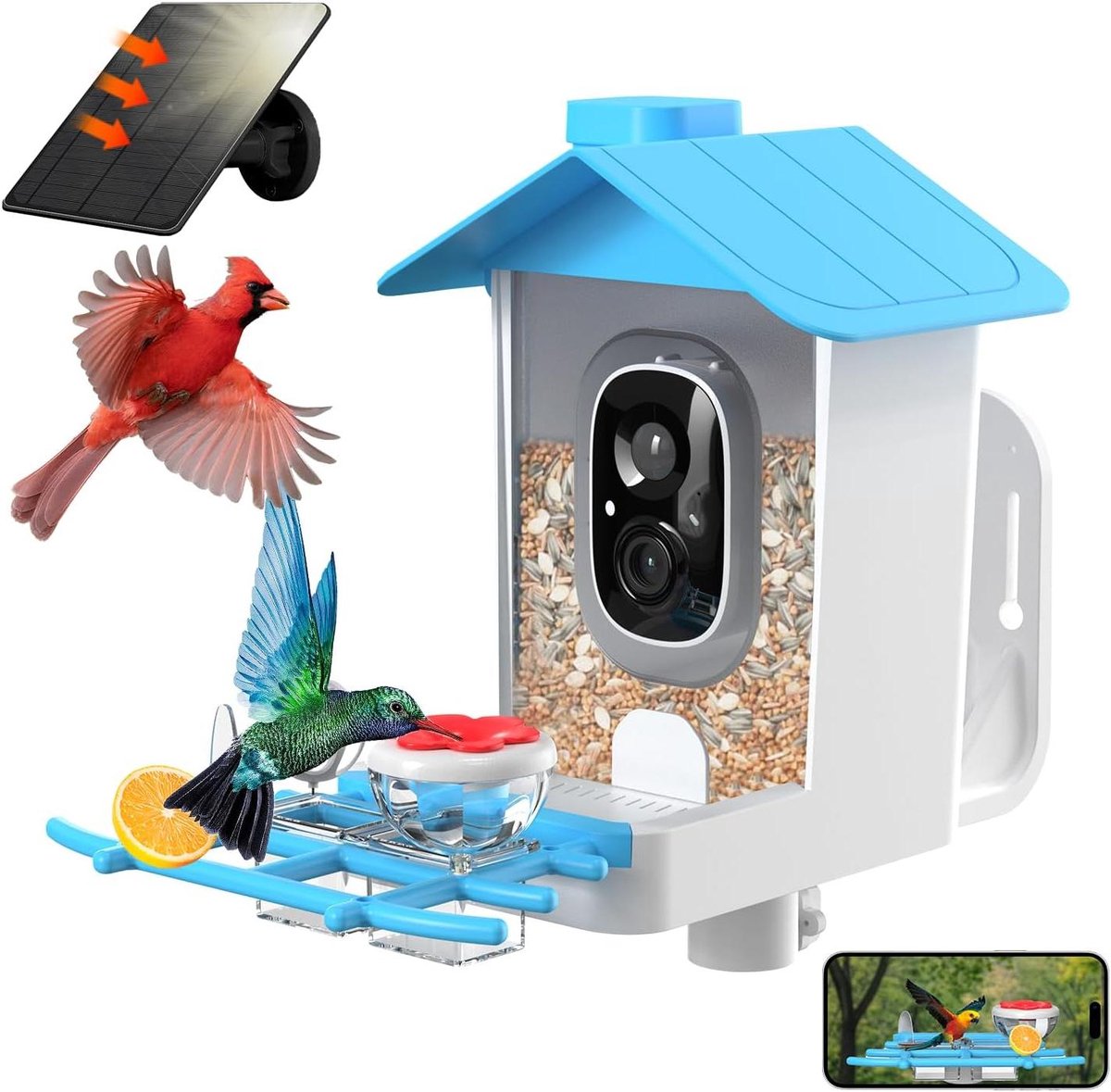 Vogelvoederhuis Camera - Vogelhuisje met Camera - Vogels Observeren - AI Vogelherkenning - 1.2 Liter Capaciteit - Blauw