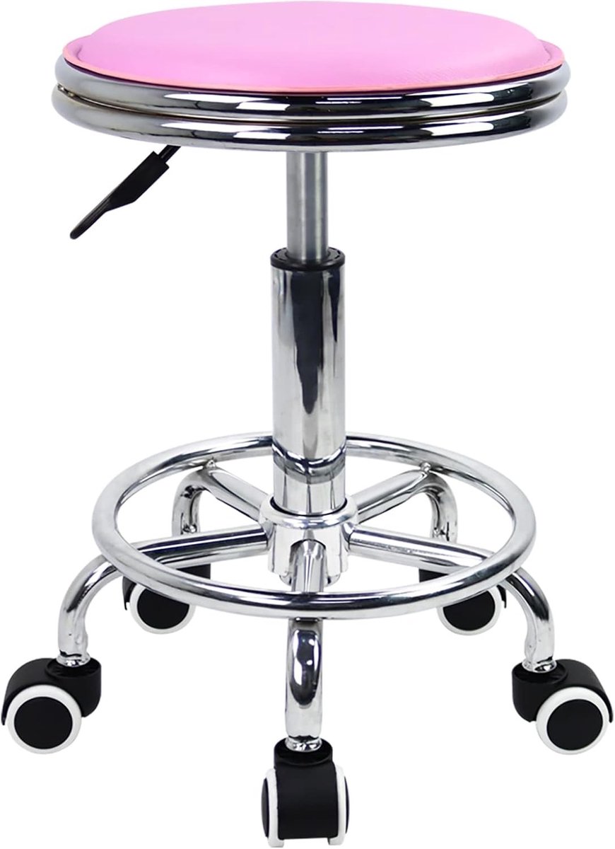 Ronde Zwenkstoel met Voetsteun, PU Leer, Hoogte Verstelbaar, Modern Industrieel Design voor Spa, Salon, Tattoo en Massage (Roze)